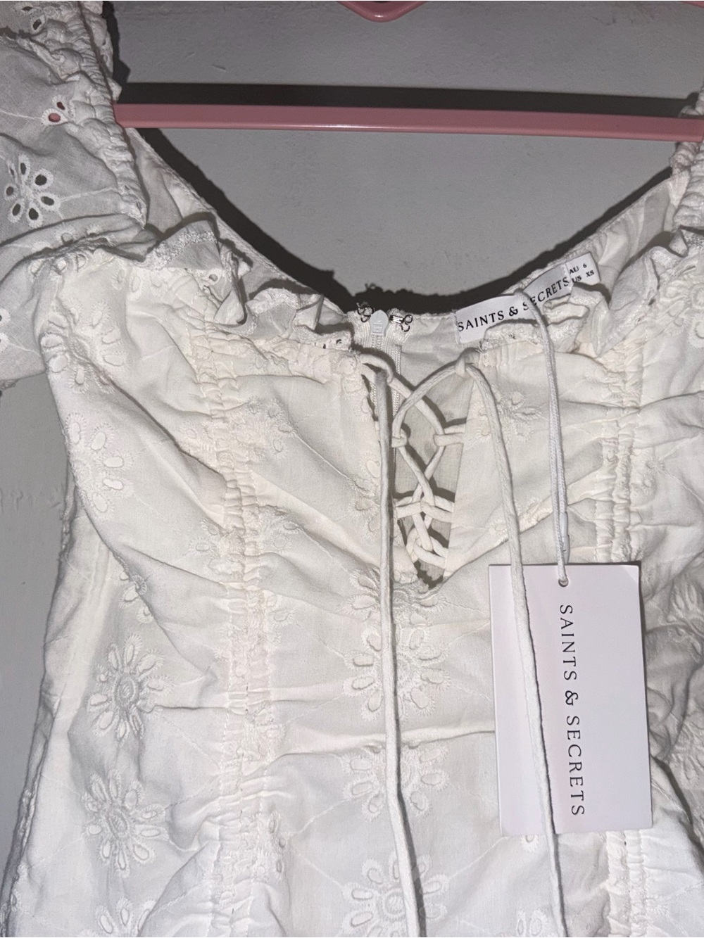 Saints & Secrets White Eyelet Lace-Up Mini Dress